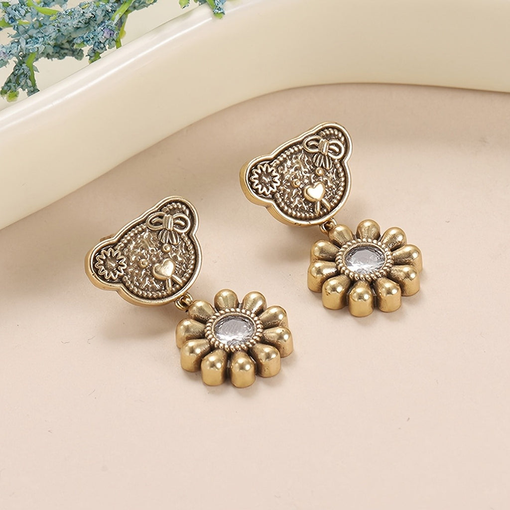 Whimsical Bear Sunflower Drop Earrings