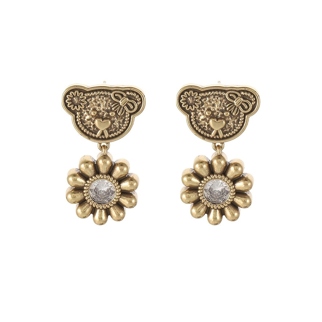 Whimsical Bear Sunflower Drop Earrings