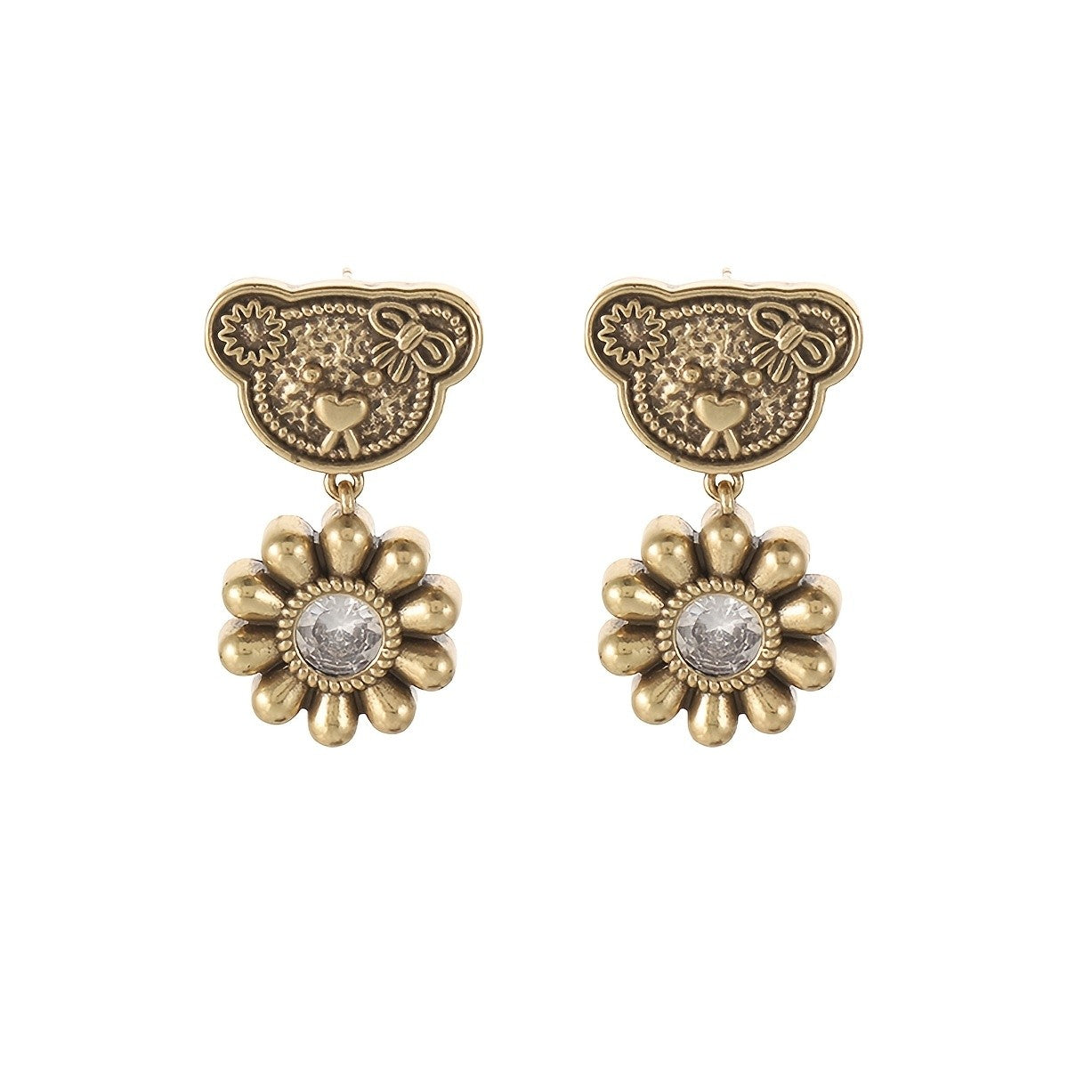 Whimsical Bear Sunflower Drop Earrings