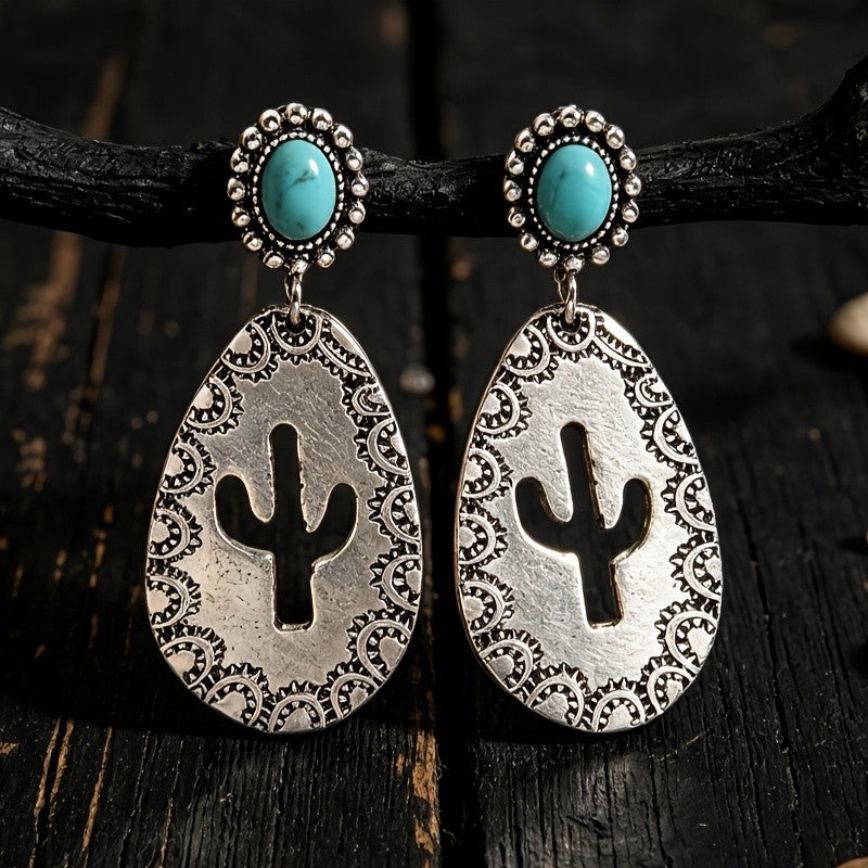 Western Cactus Turquoise Drop Earrings