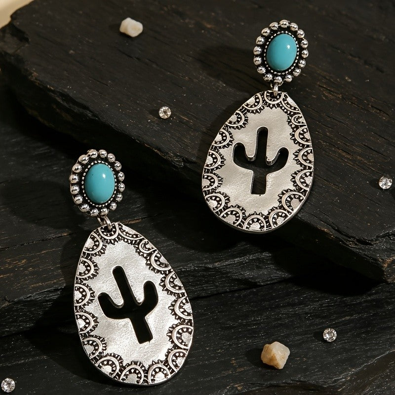 Western Cactus Turquoise Drop Earrings