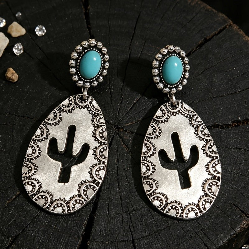 Western Cactus Turquoise Drop Earrings