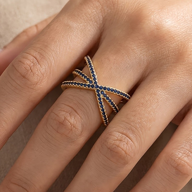 Elegant Blue Pave X Ring