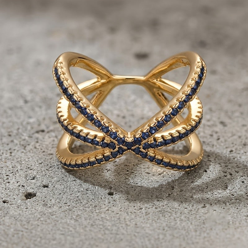 Elegant Blue Pave X Ring