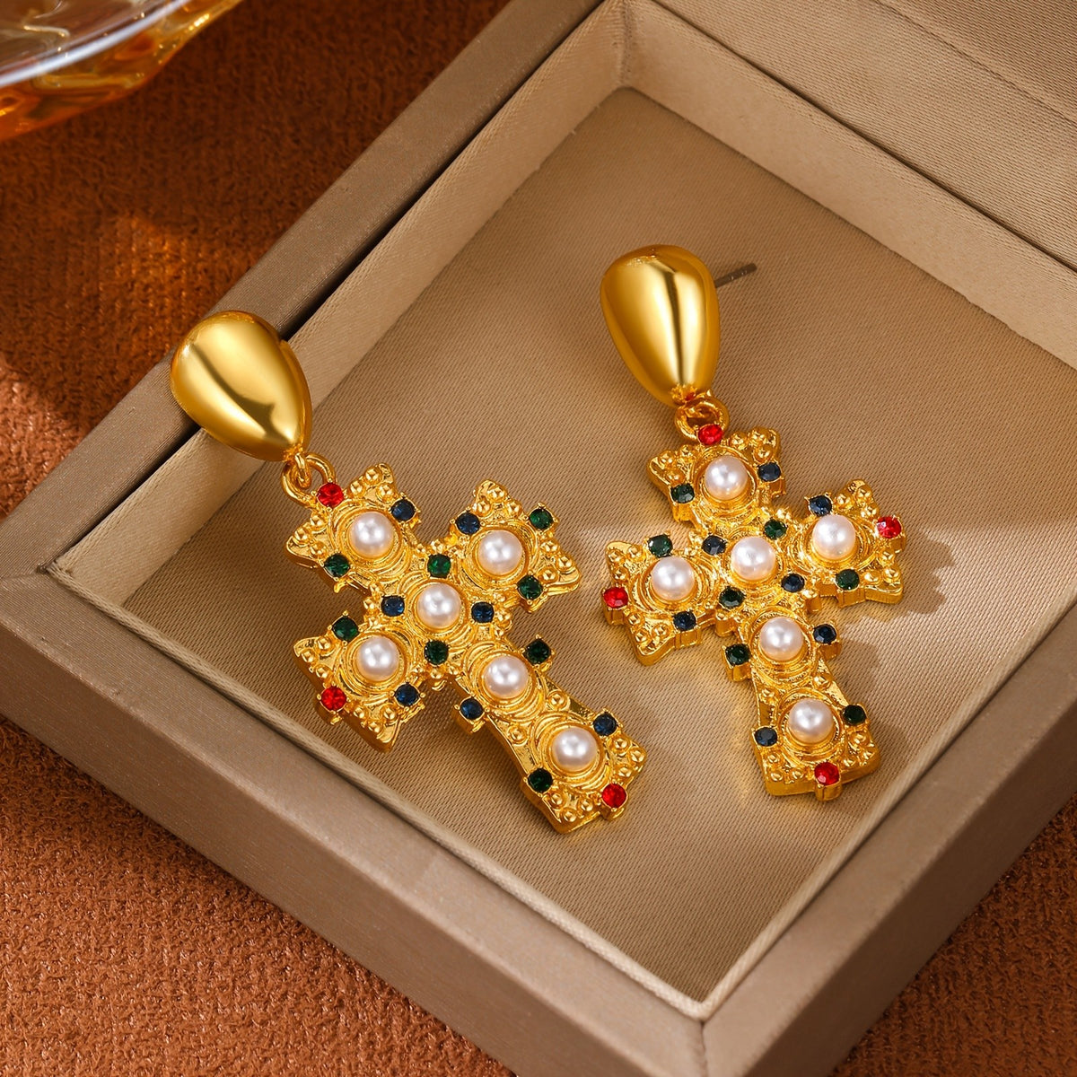 Elegant Pearl Cross Drop Earrings