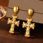 Elegant Pearl Cross Drop Earrings