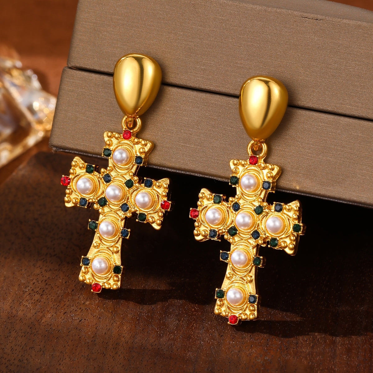 Elegant Pearl Cross Drop Earrings