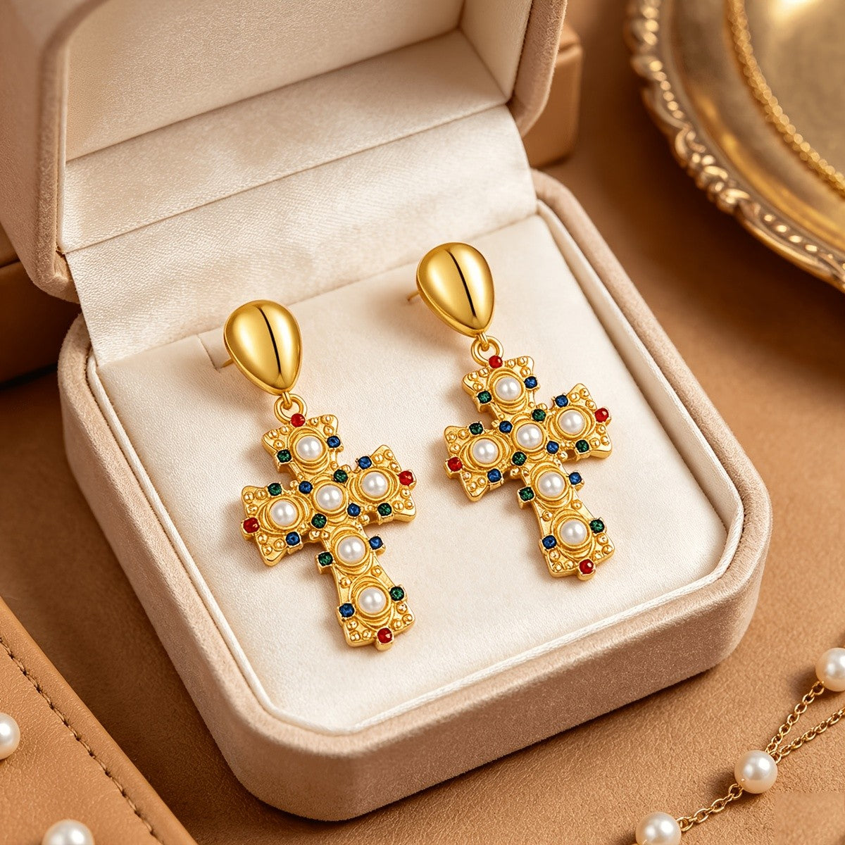 Elegant Pearl Cross Drop Earrings