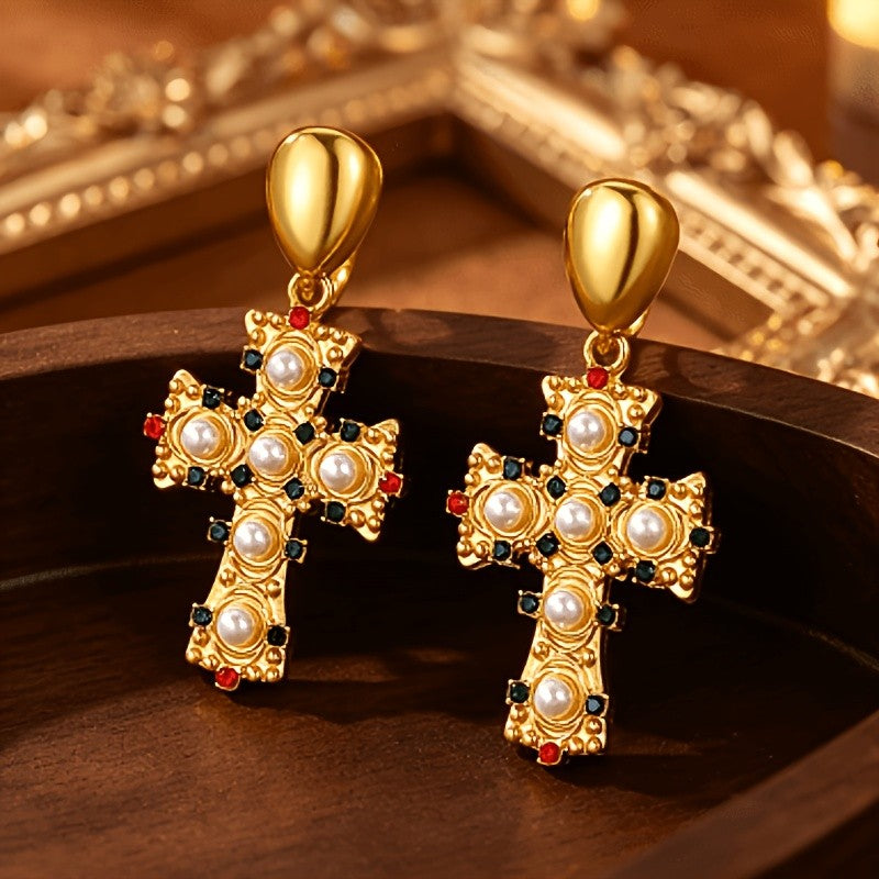 Elegant Pearl Cross Drop Earrings