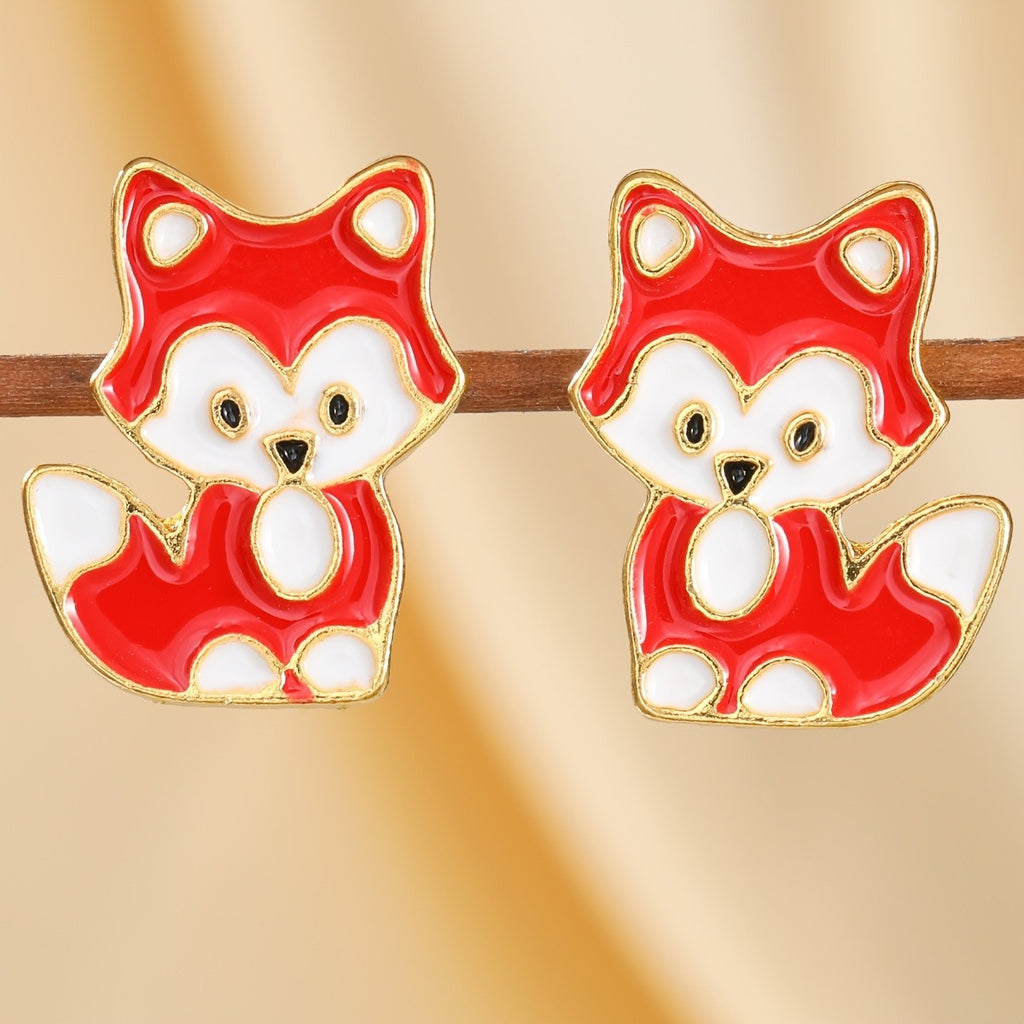 Whimsical Red Fox Enamel Stud Earrings