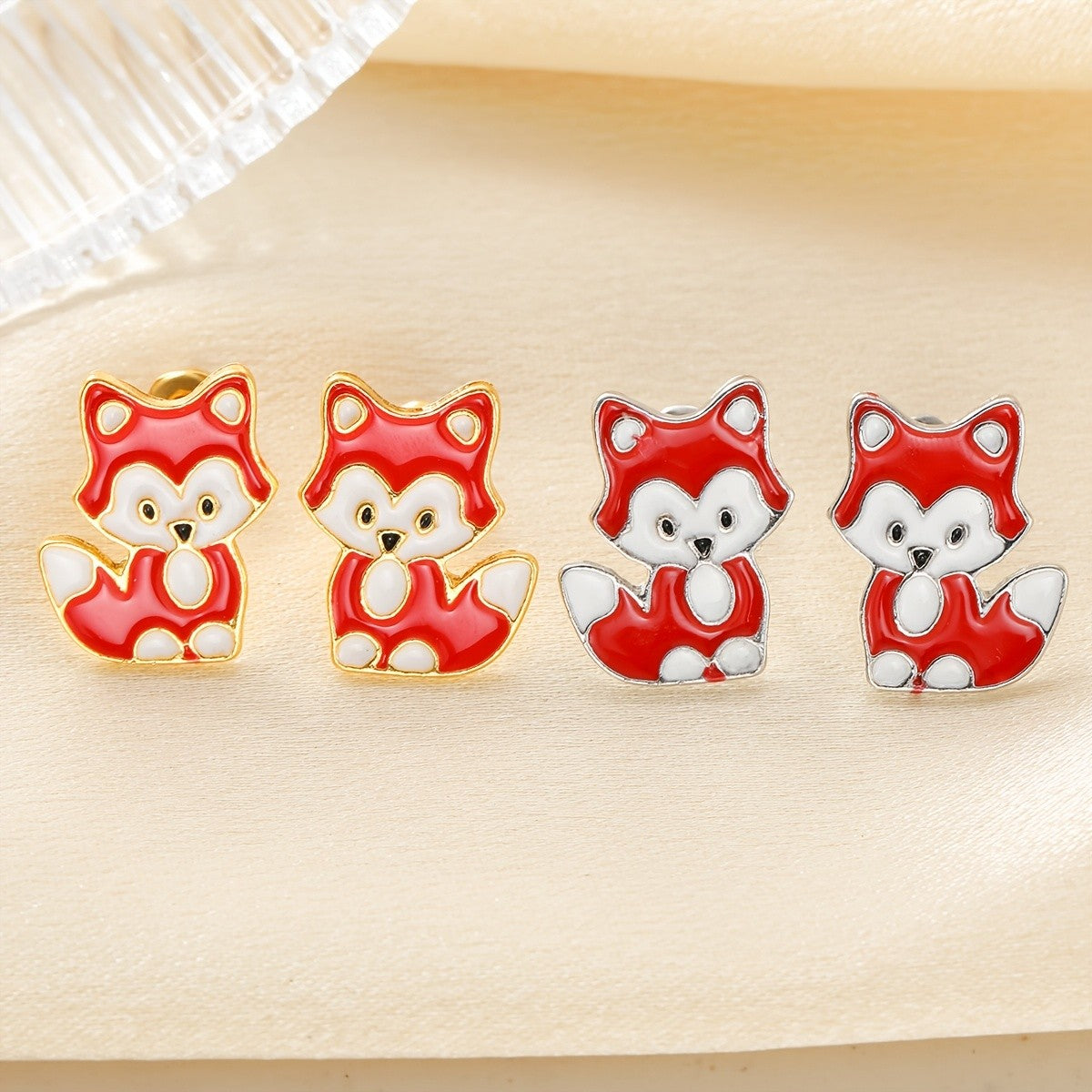 Whimsical Red Fox Enamel Stud Earrings