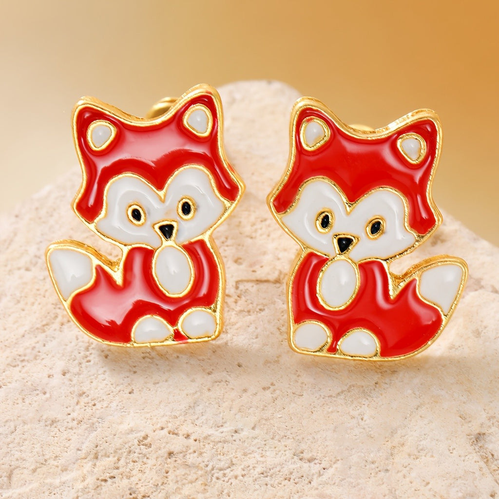 Whimsical Red Fox Enamel Stud Earrings