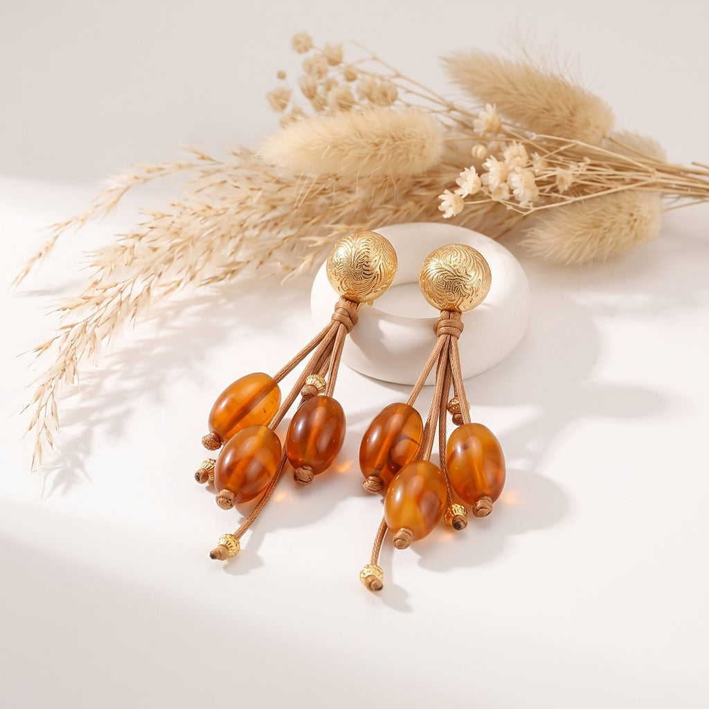 Boho Amber Bead Drop Earrings