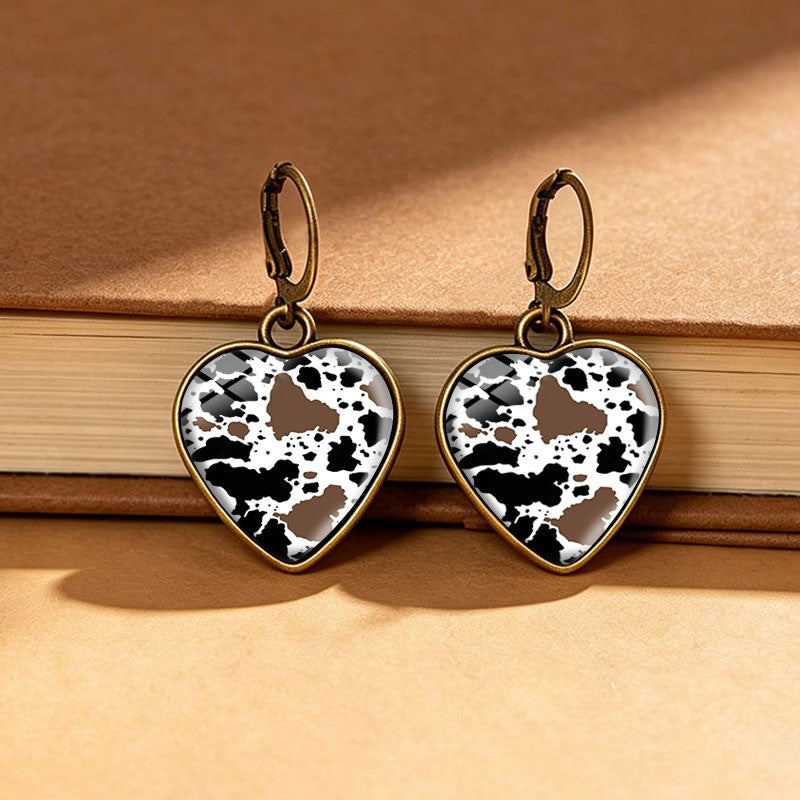 Cow Print Heart Drop Earrings