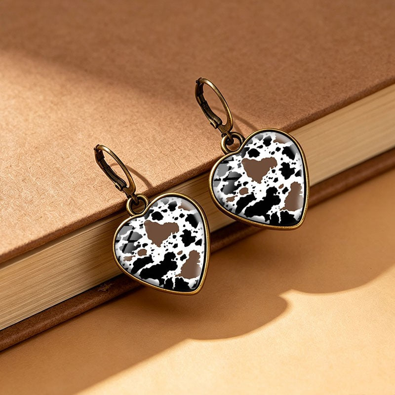 Cow Print Heart Drop Earrings