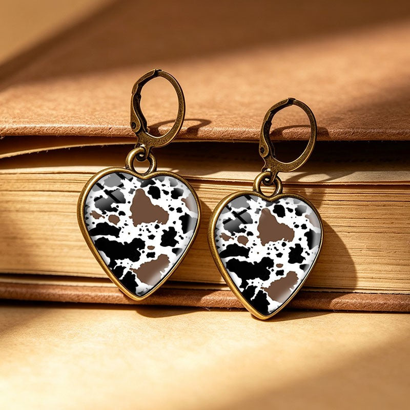 Cow Print Heart Drop Earrings