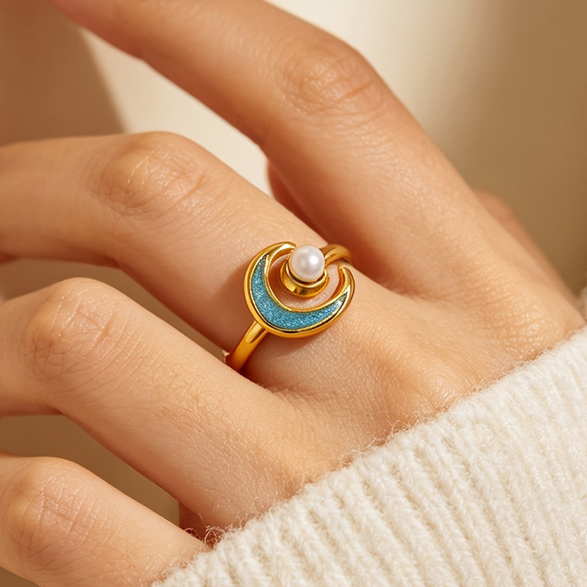 Whimsical Blue Moon Pearl Ring