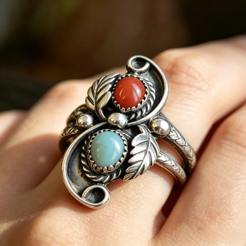 Boho Leaf Dual Stone Ring