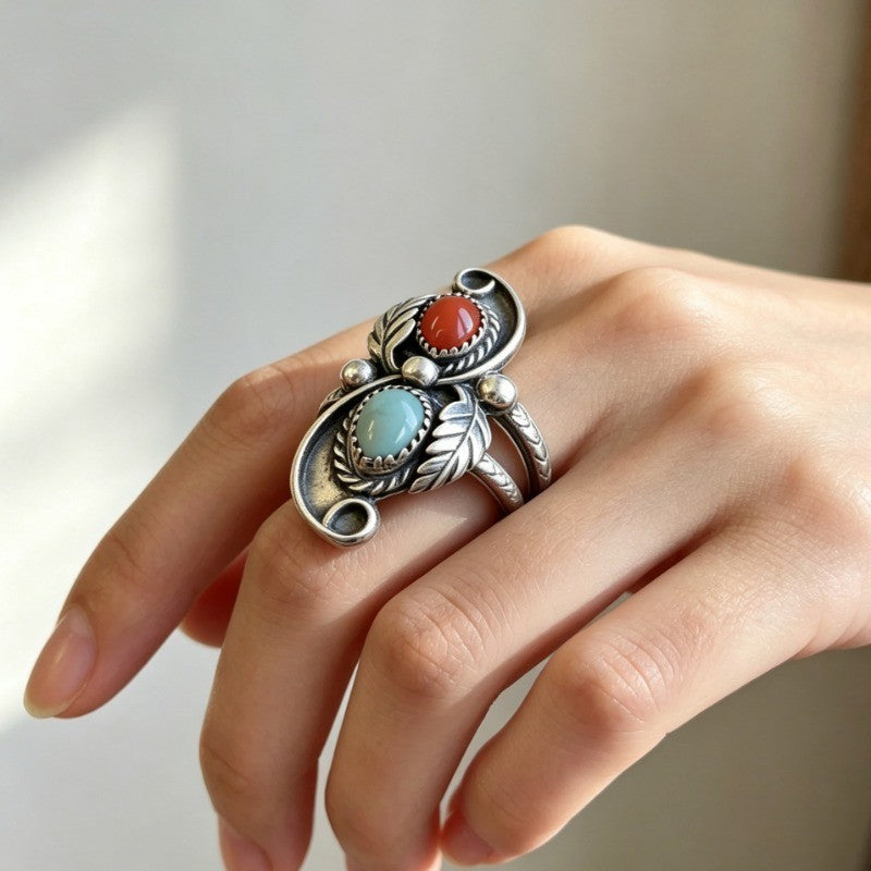Boho Leaf Dual Stone Ring
