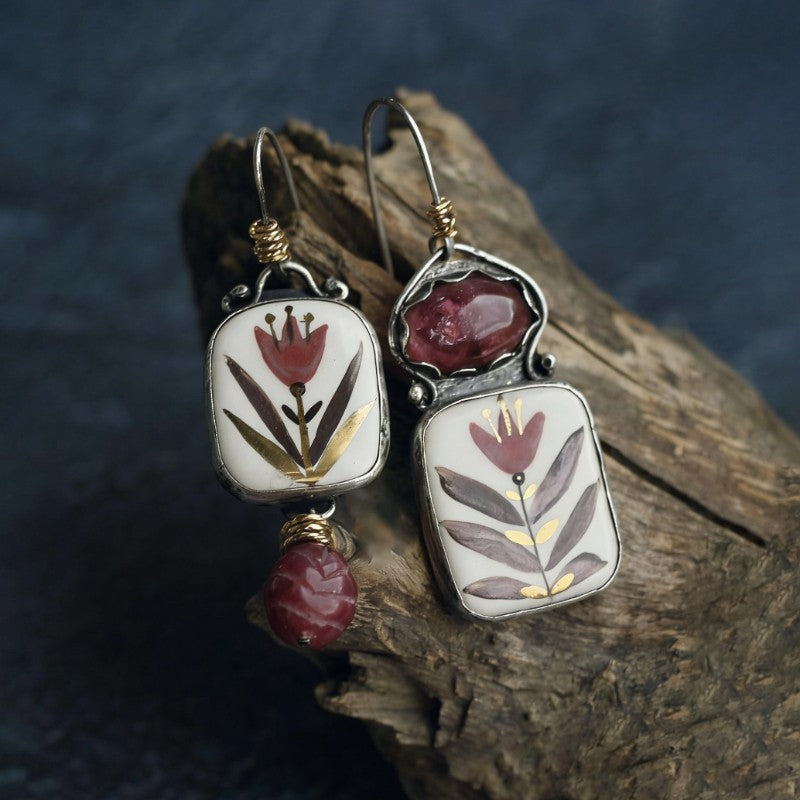 Asymmetrical Floral Enamel Drop Earrings