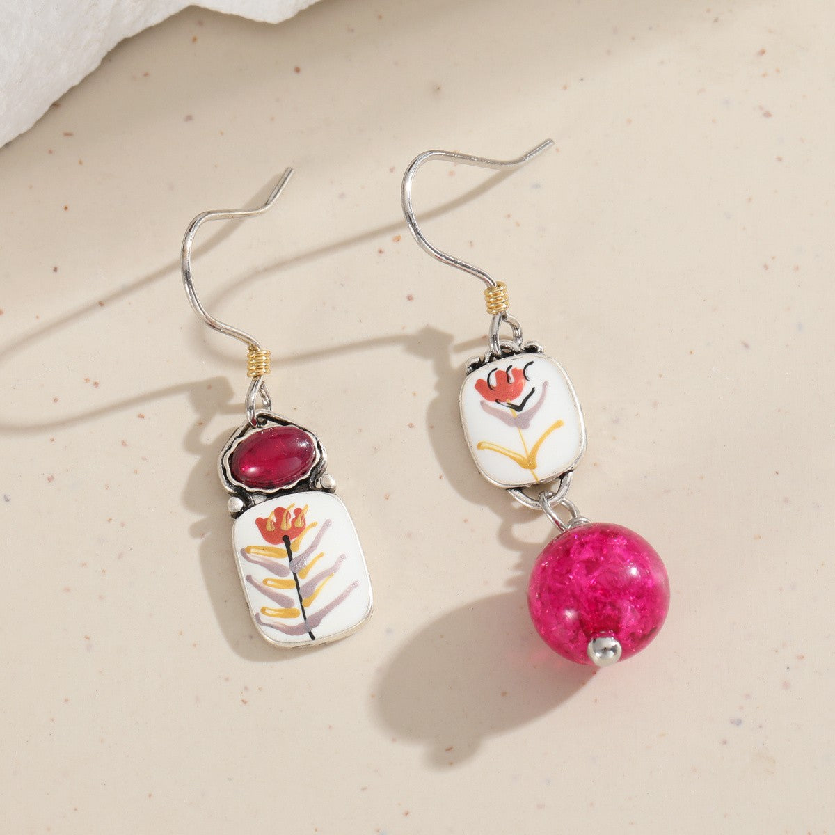 Asymmetrical Floral Enamel Drop Earrings