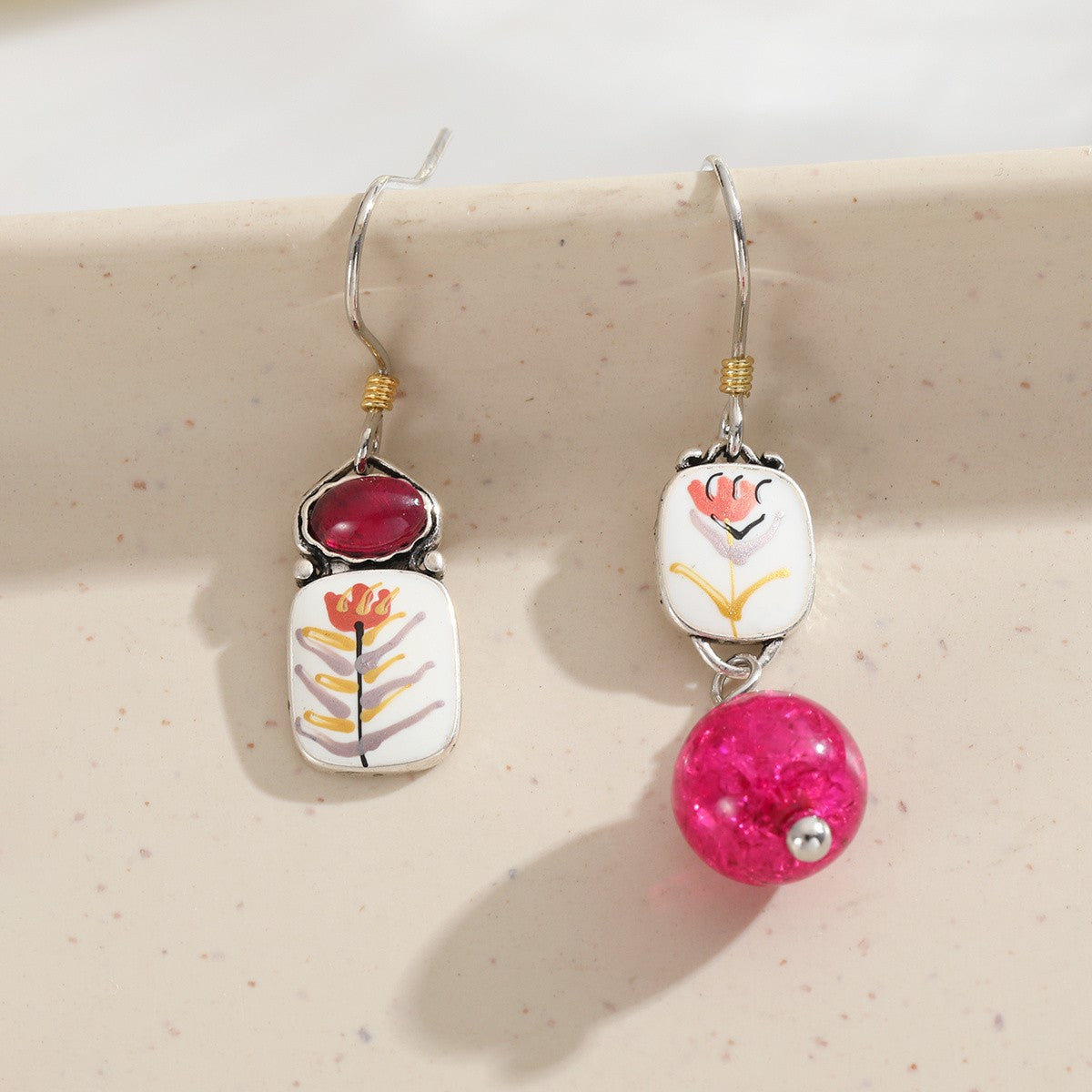 Asymmetrical Floral Enamel Drop Earrings