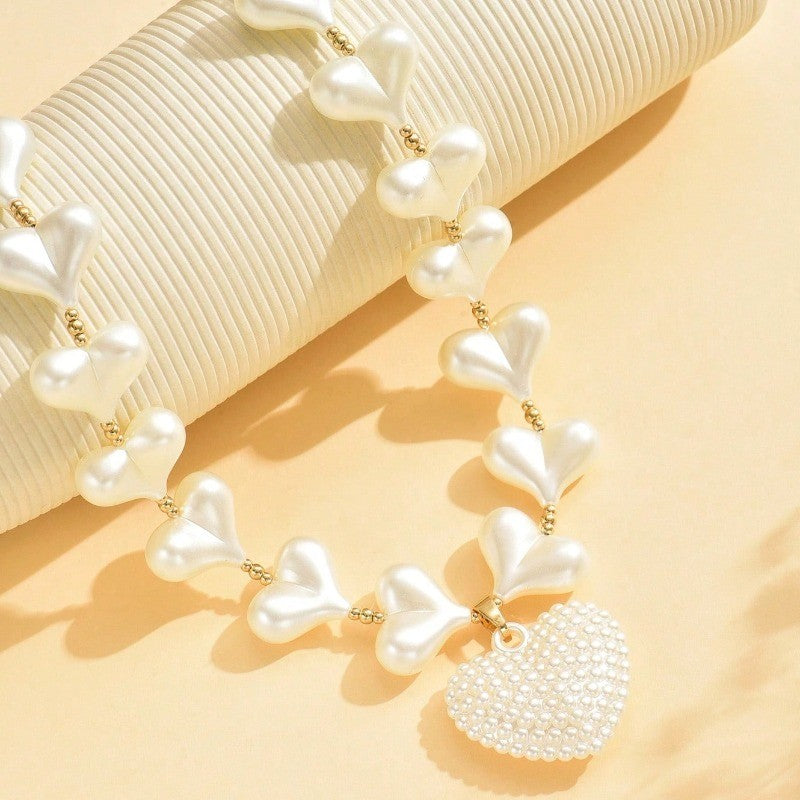 Romantic Heart Link Pearl Necklace
