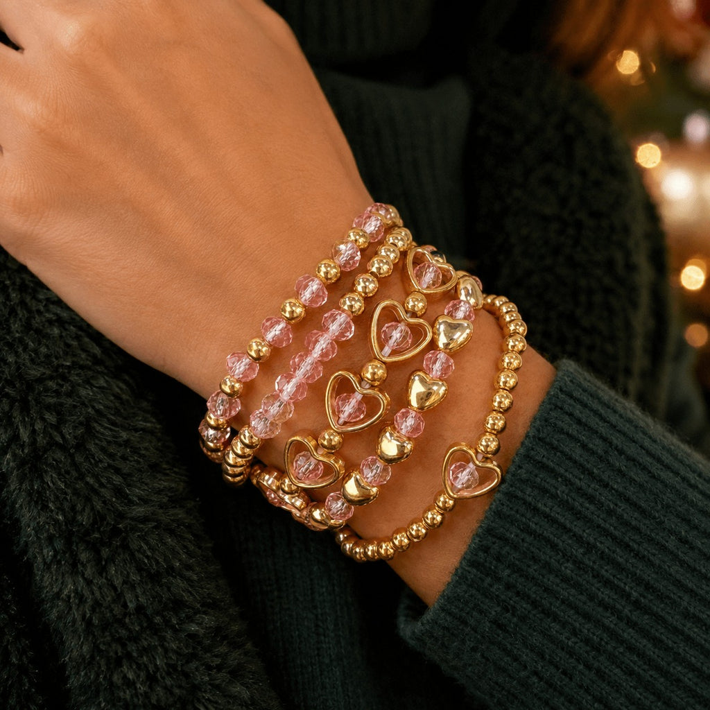 5pc Coquette Heart Beaded Bracelet Stack