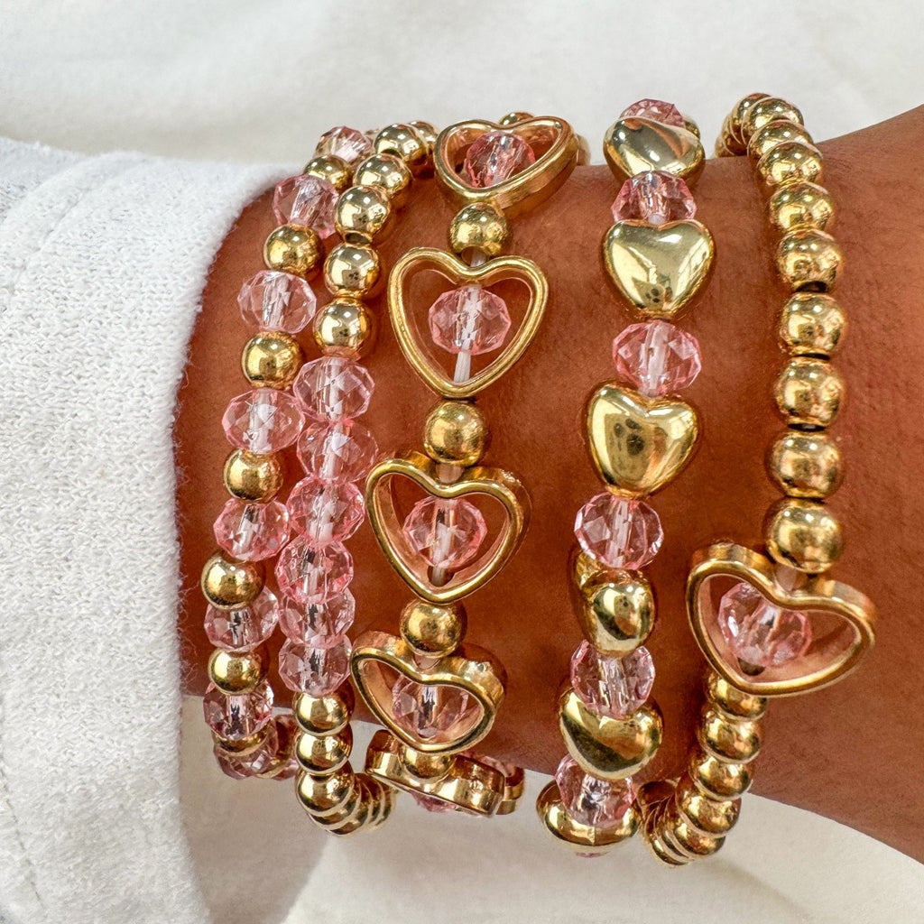 5pc Coquette Heart Beaded Bracelet Stack