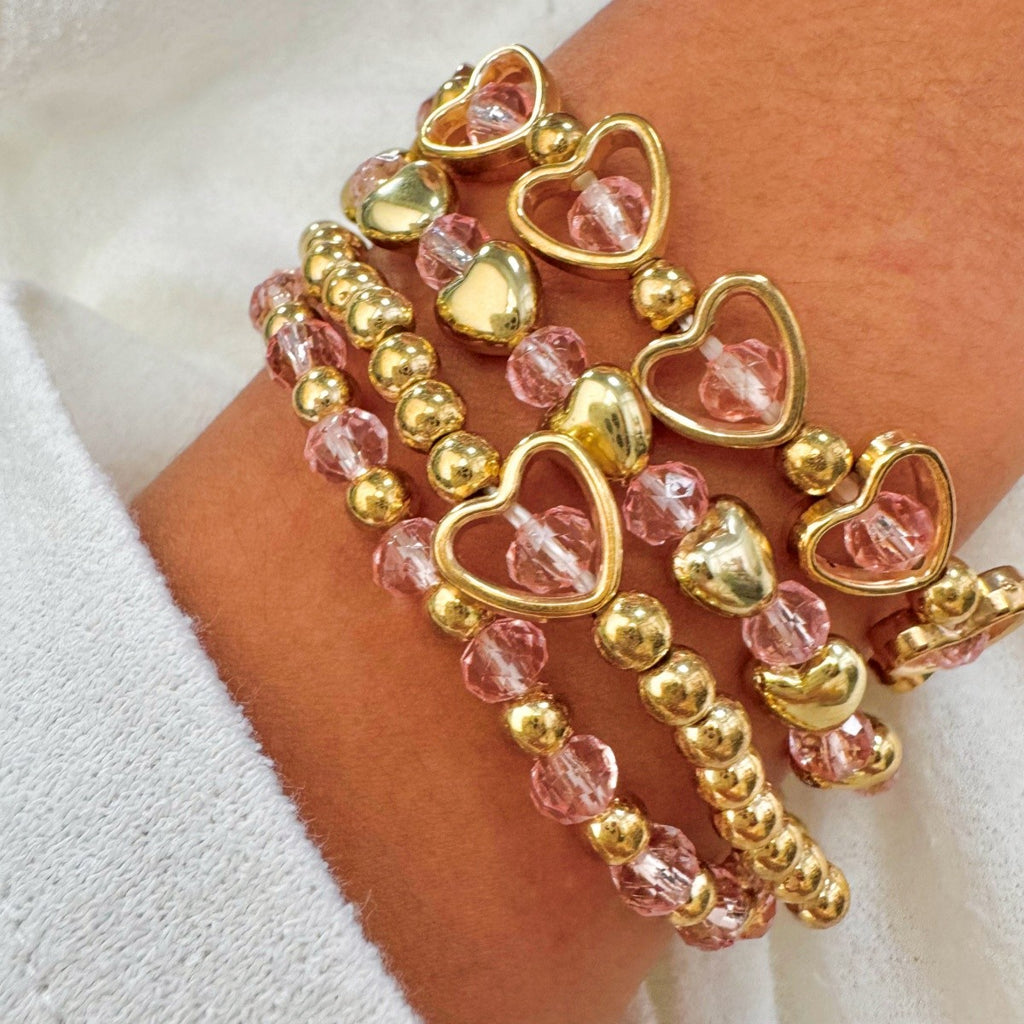 5pc Coquette Heart Beaded Bracelet Stack