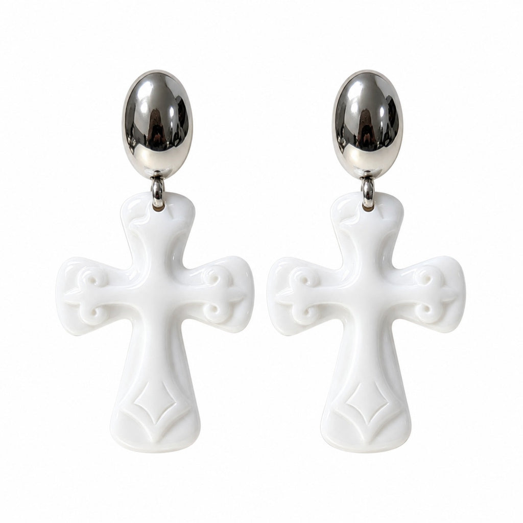 Elegant White Cross Drop Earrings