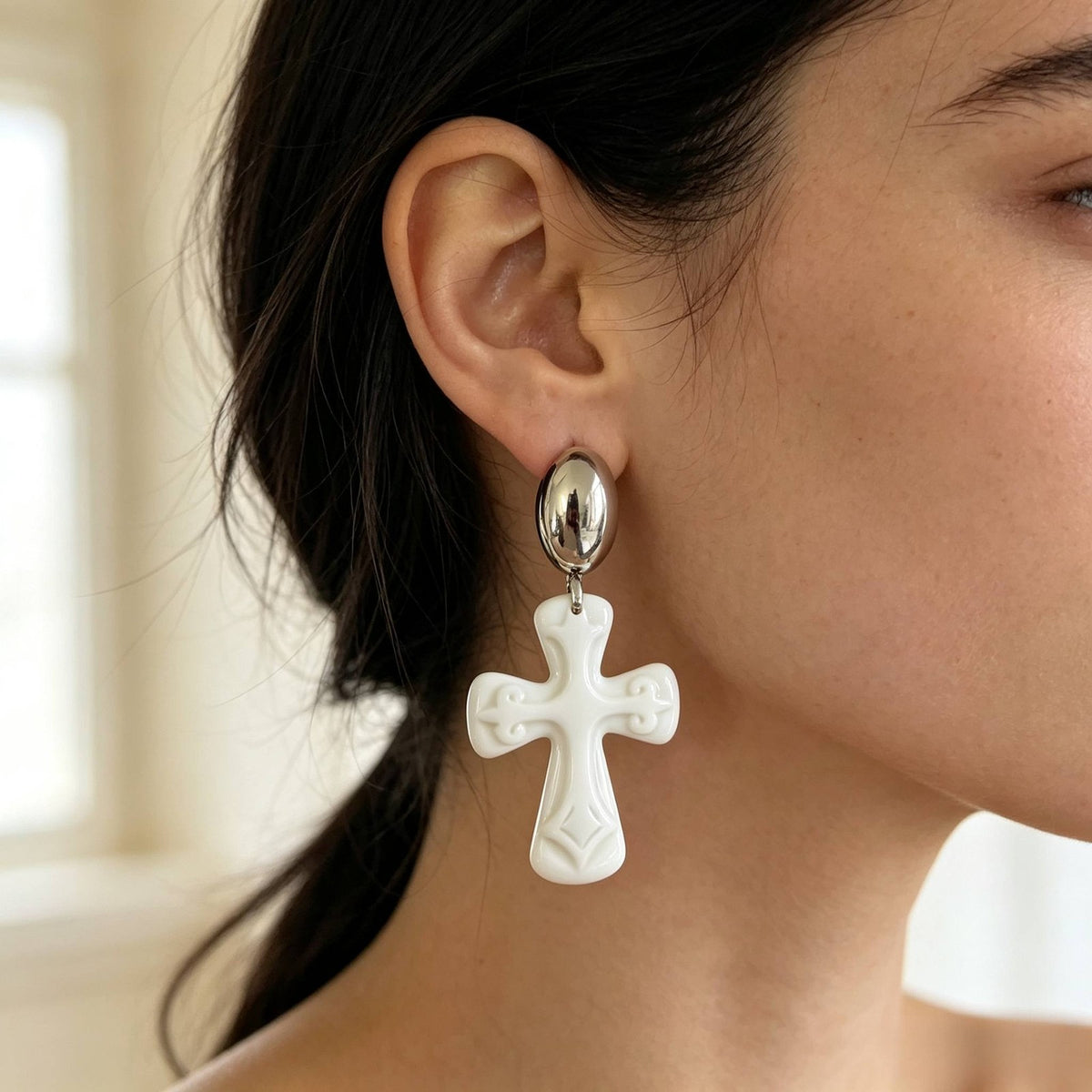 Elegant White Cross Drop Earrings