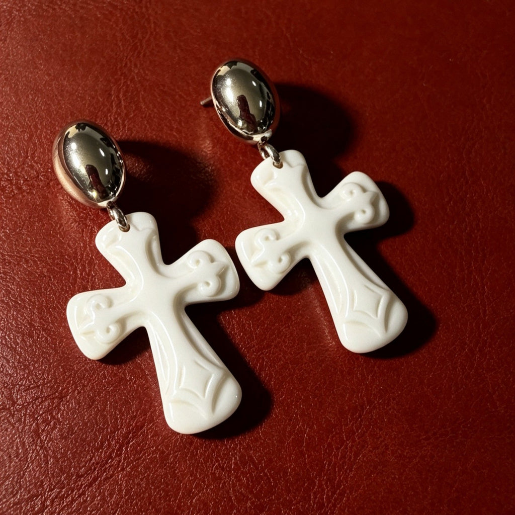 Elegant White Cross Drop Earrings